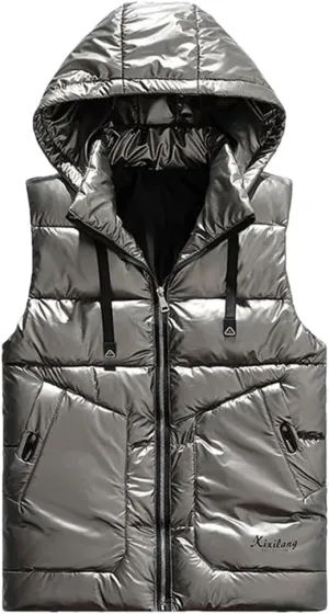 Men Removable Hooded Vest Thicken Warm Cotton-Padded Vest Solid Color Big Pockets Waistcoat