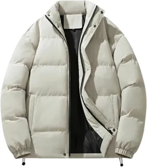 Men Solid Color Button Stand Collar Cotton-Padded Thick Casual Warm Long Sleeve Parka Coat