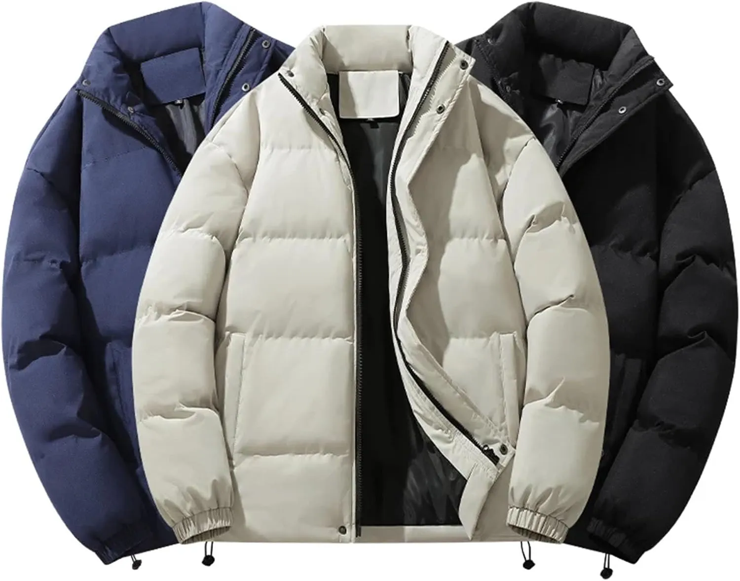 Men Solid Color Button Stand Collar Cotton-Padded Thick Casual Warm Long Sleeve Parka Coat