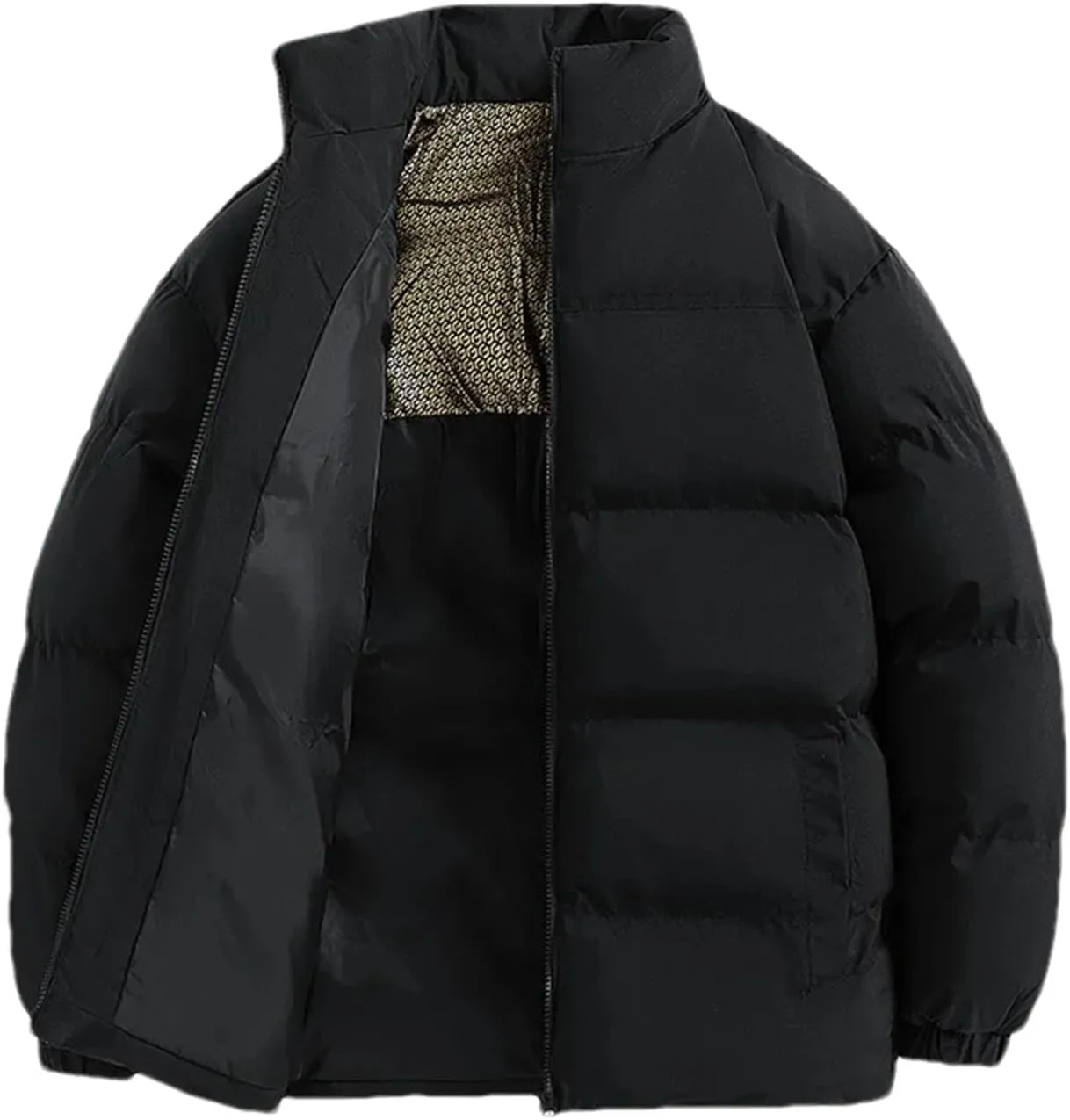 Men Stand Collar Long Sleeve Cotton-Padded Vintage Thickened Warm Zipper Parka Coat