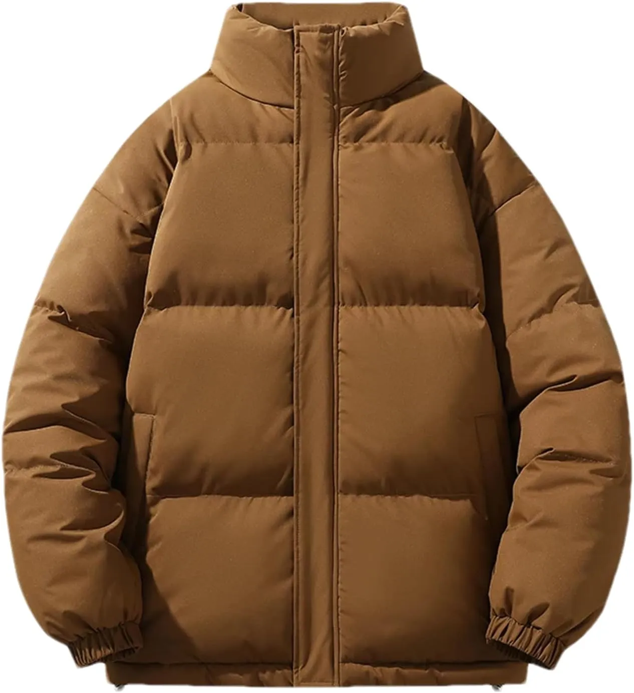 Men Stand Collar Solid Color Cotton-Padded Thicken Warm Casual Zipper Long Sleeve Parka Coat