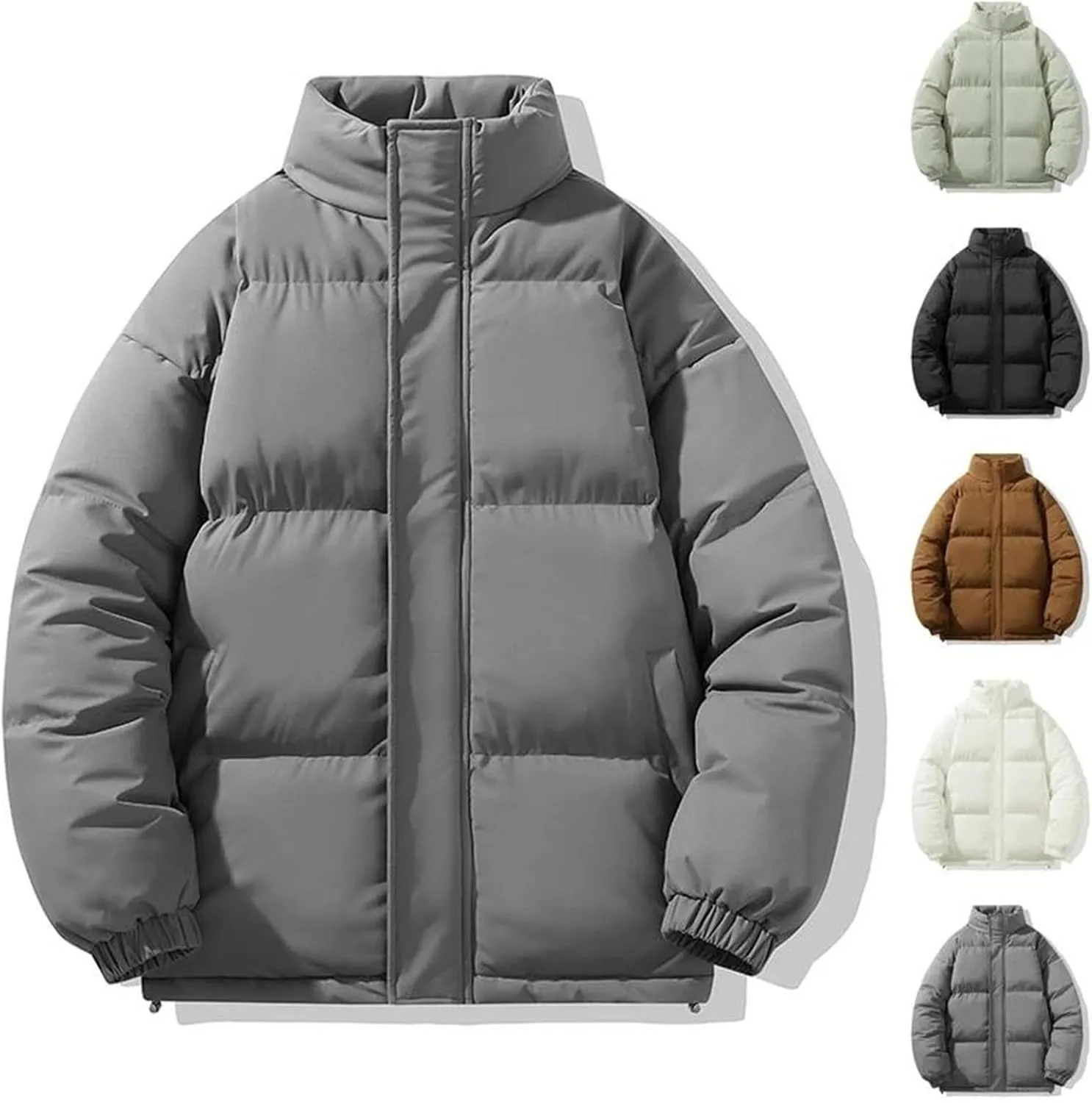 Men Stand Collar Solid Color Cotton-Padded Thicken Warm Casual Zipper Long Sleeve Parka Coat