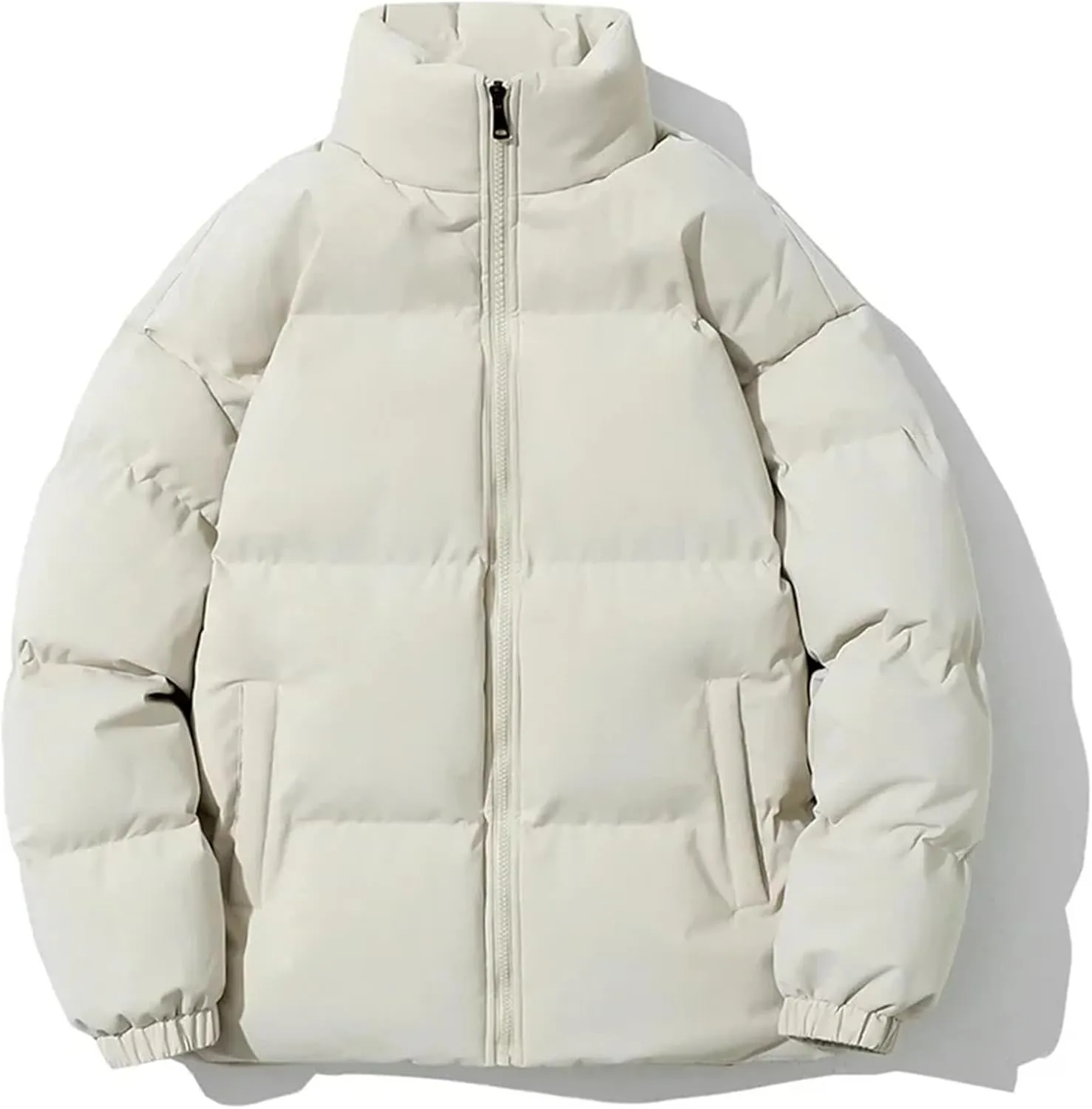 Men Stand Collar Solid Zipper Cotton-Padded Thickened Warm Outdoor Casual Parka Coat