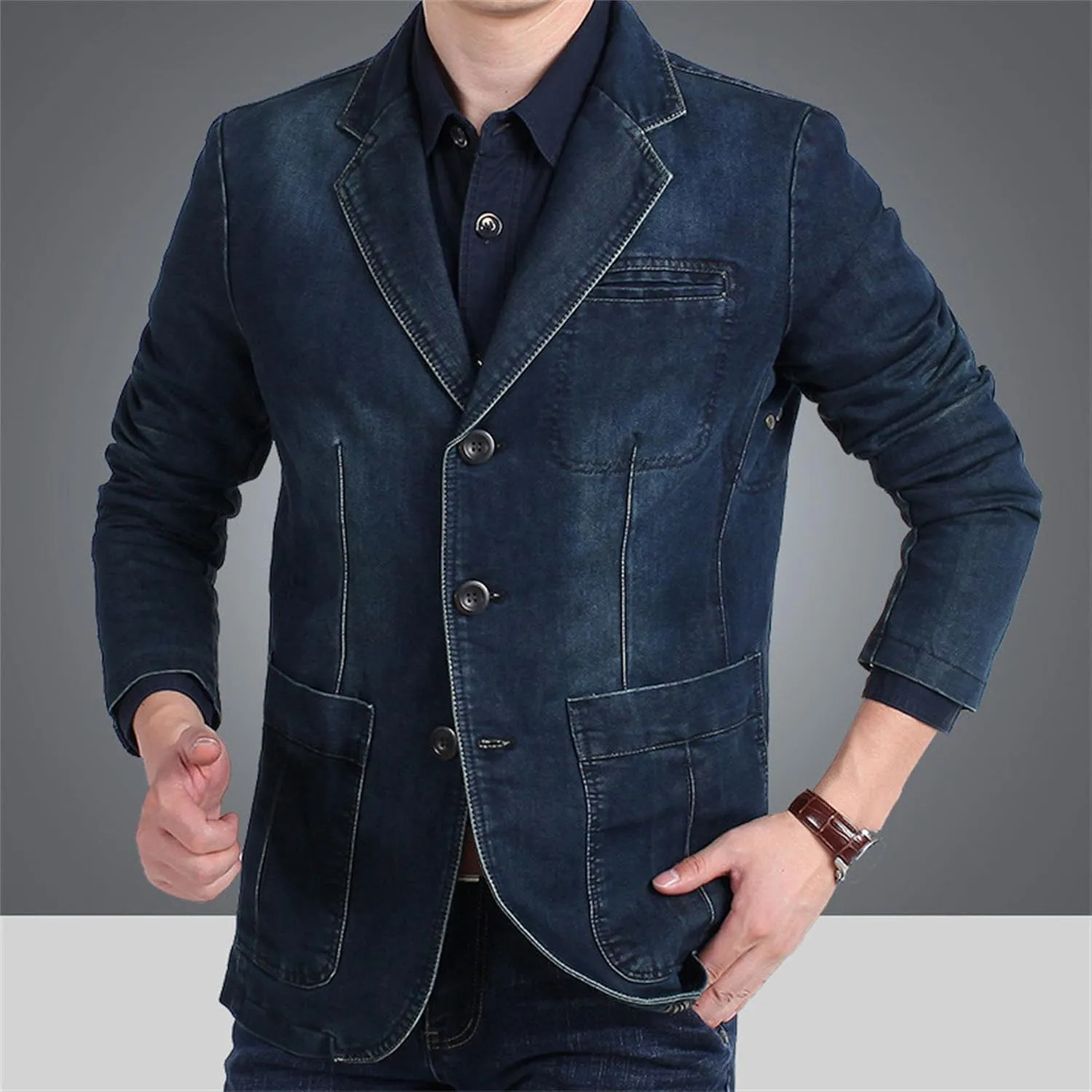 Men's 3 Buttons Denim Blazer Classic Notched Collar Jean Suit Jacket Distressed Casual Denim Jacket with Pockets
