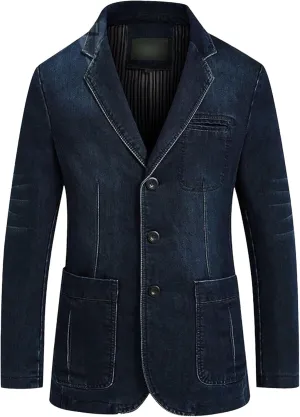 Men's 3 Buttons Denim Blazer Classic Notched Collar Jean Suit Jacket Distressed Casual Denim Jacket with Pockets