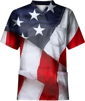 Mens 4th of July Scrub Tops Flag Printed Patriotic Shirts V Neck Short Sleeve Stretchy Nurse Uniform with Pockets