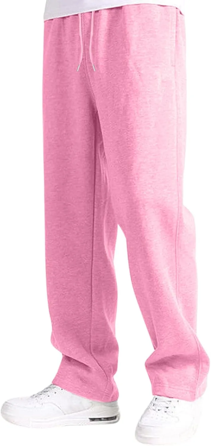 Men's Athletic Pants Rope Loose Waist Joggers Pants, Solid Color Pocket Trousers Loose Sports Workout Trousers