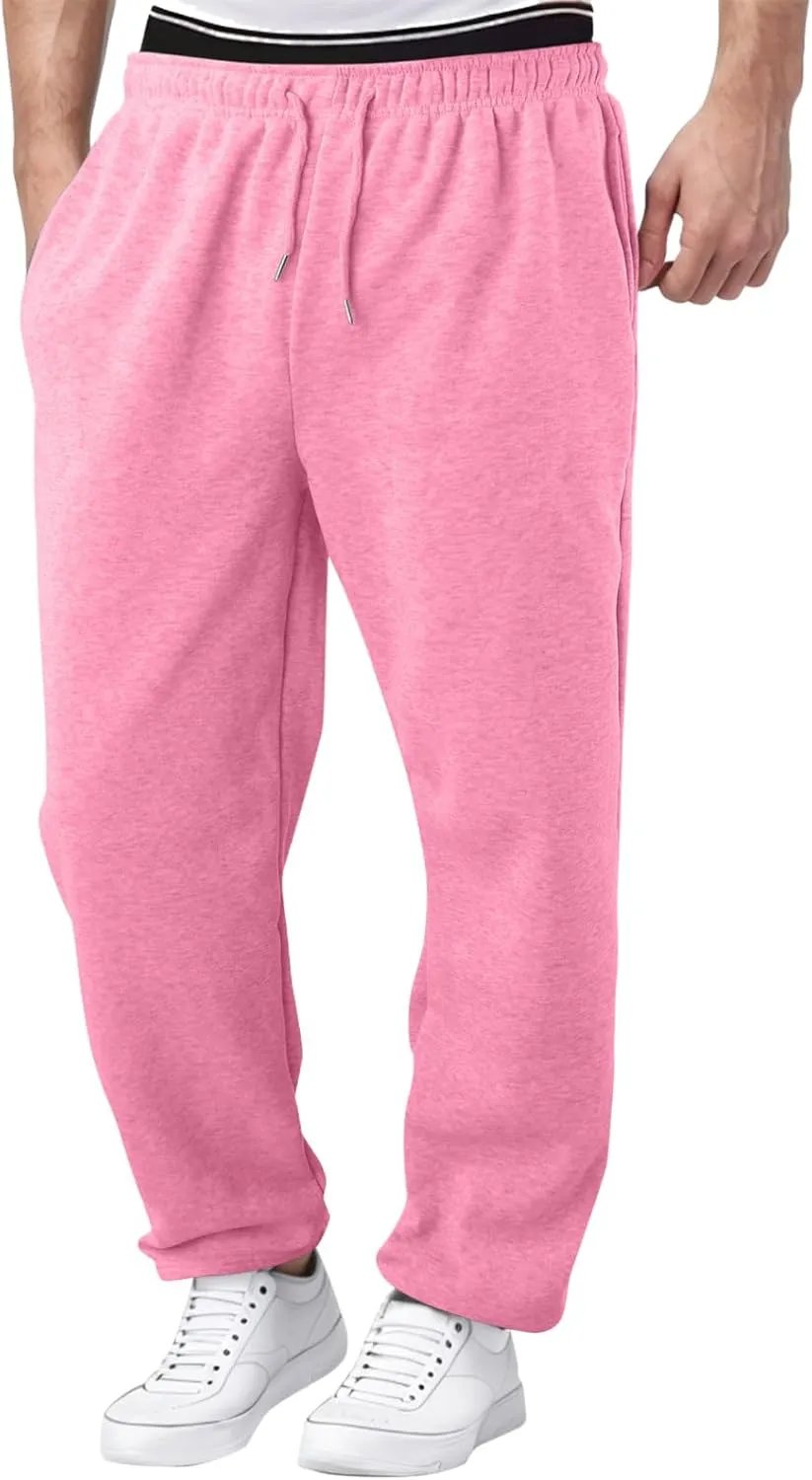 Men's Athletic Pants Rope Loose Waist Joggers Pants, Solid Color Pocket Trousers Loose Sports Workout Trousers