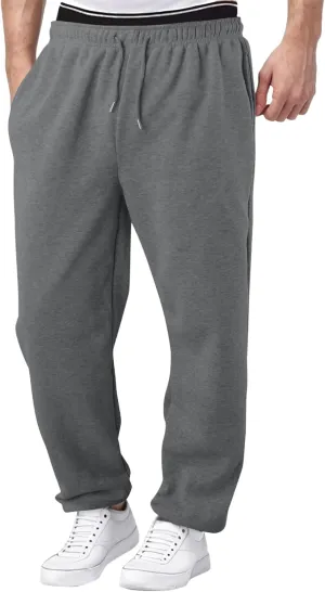Men's Athletic Pants Rope Loose Waist Joggers Pants, Solid Color Pocket Trousers Loose Sports Workout Trousers