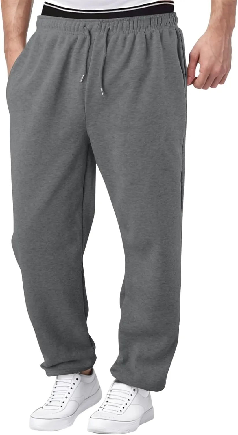 Men's Athletic Pants Rope Loose Waist Joggers Pants, Solid Color Pocket Trousers Loose Sports Workout Trousers