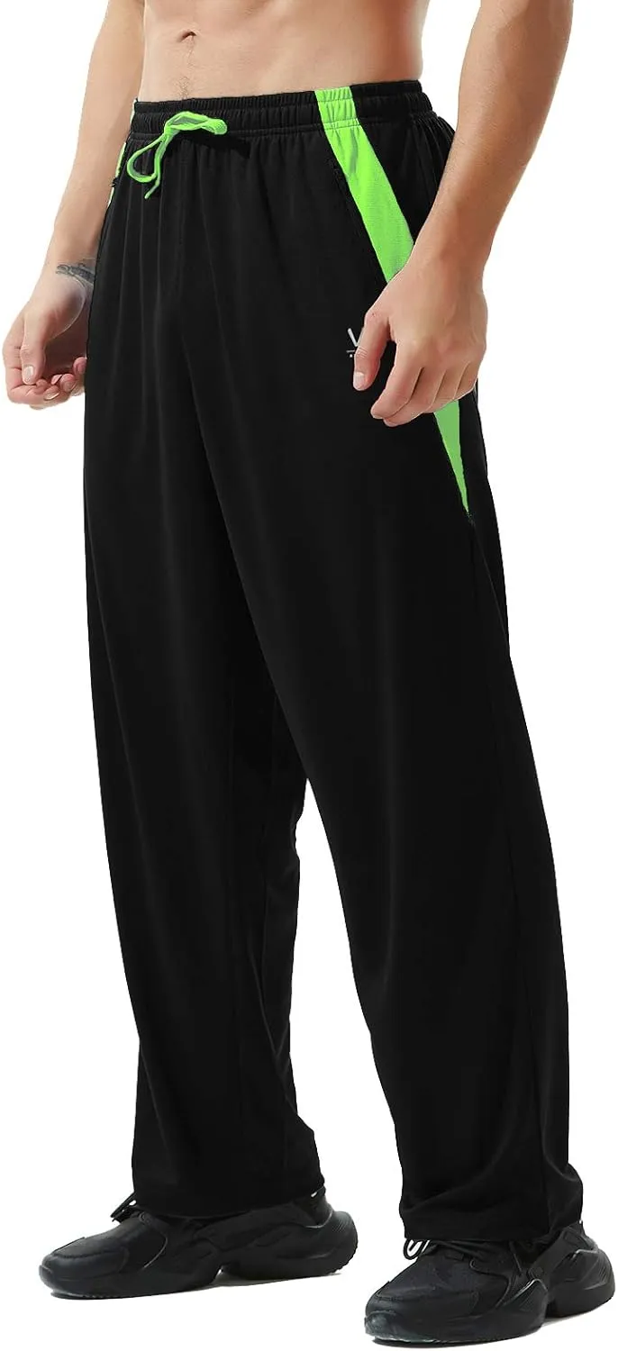 Mens Athletic Pants with Zipper Pockets Open Bottom Lightweight Sweatpants, for Workout, Running, Gym, Training