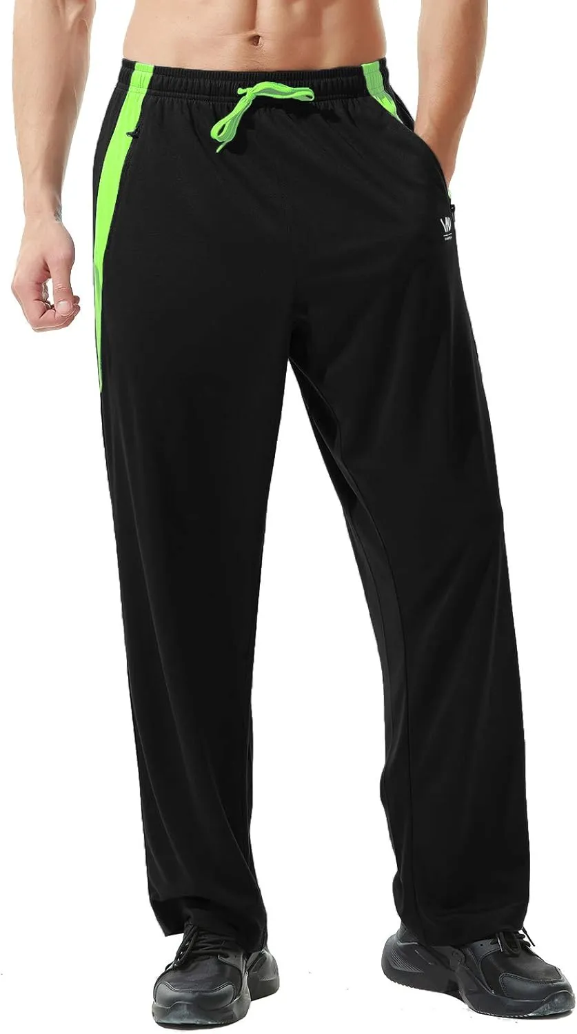 Mens Athletic Pants with Zipper Pockets Open Bottom Lightweight Sweatpants, for Workout, Running, Gym, Training
