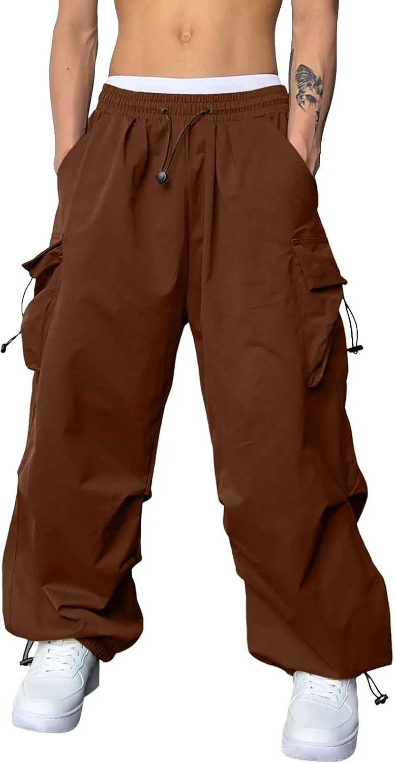 Men's Baggy Cargo Pants Trendy Casual Pants, Loose Fit Drawstring Rope Cargo Joggers with Pockets Streetwear