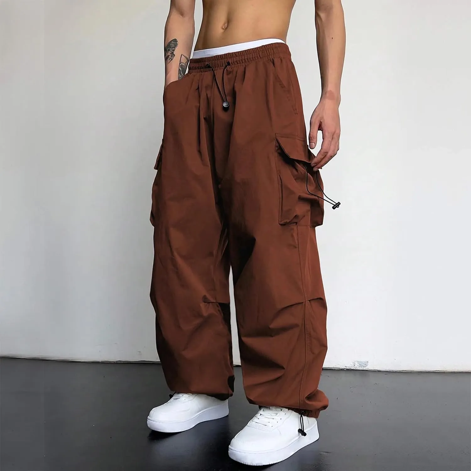 Men's Baggy Cargo Pants Trendy Casual Pants, Loose Fit Drawstring Rope Cargo Joggers with Pockets Streetwear