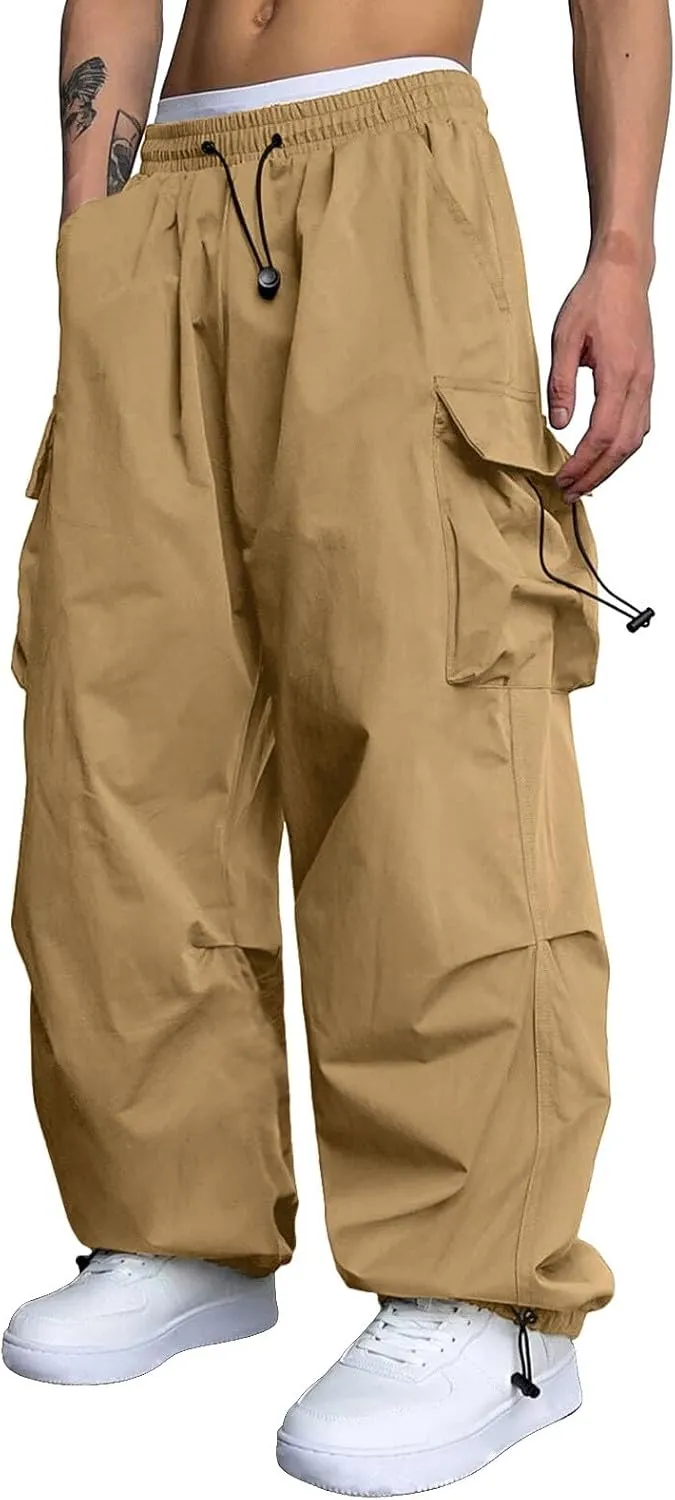 Men's Baggy Cargo Pants Trendy Casual Parachute Pant Loose Fit Harem Joggers with Pockets for Streetwear