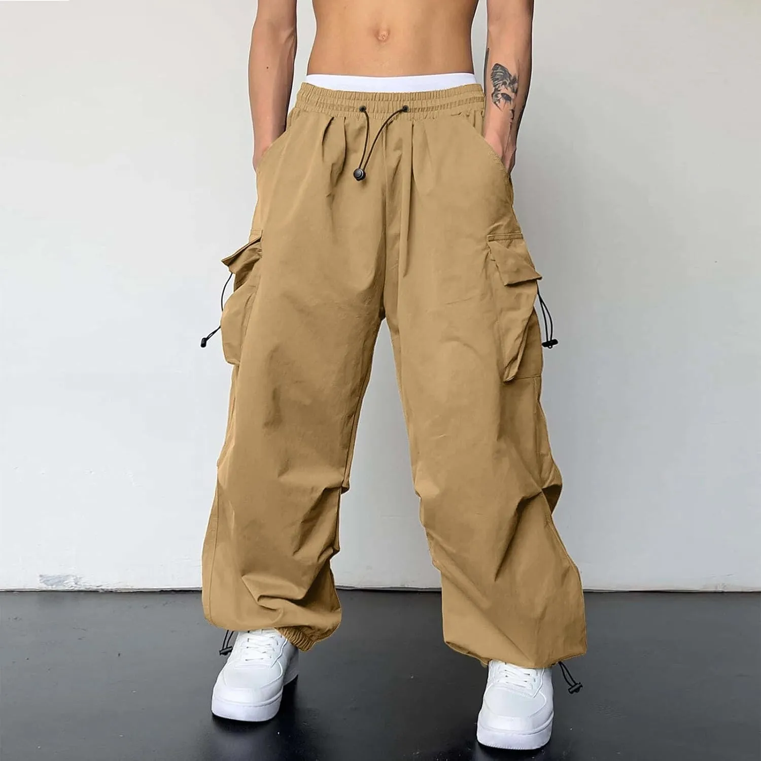 Men's Baggy Cargo Pants Trendy Casual Parachute Pant Loose Fit Harem Joggers with Pockets for Streetwear