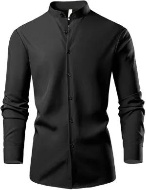 Mens Banded Collar Dress Shirts Long Sleeve Button Down Mandarin Collar Shirt Solid Stretch Shirt with Pocket