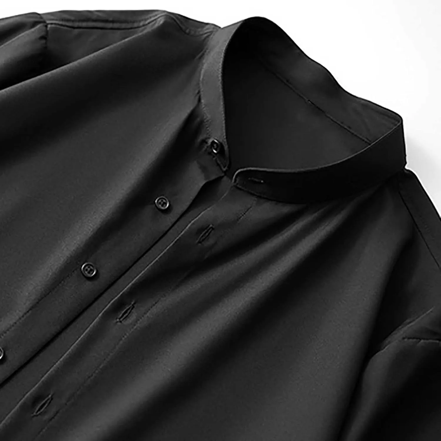 Mens Banded Collar Dress Shirts Long Sleeve Button Down Mandarin Collar Shirt Solid Stretch Shirt with Pocket