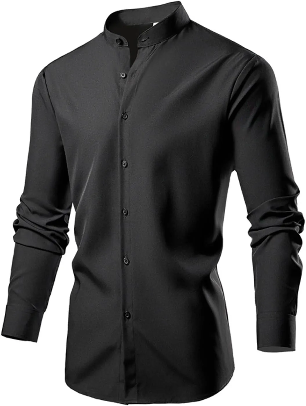 Mens Banded Collar Dress Shirts Long Sleeve Button Down Mandarin Collar Shirt Solid Stretch Shirt with Pocket