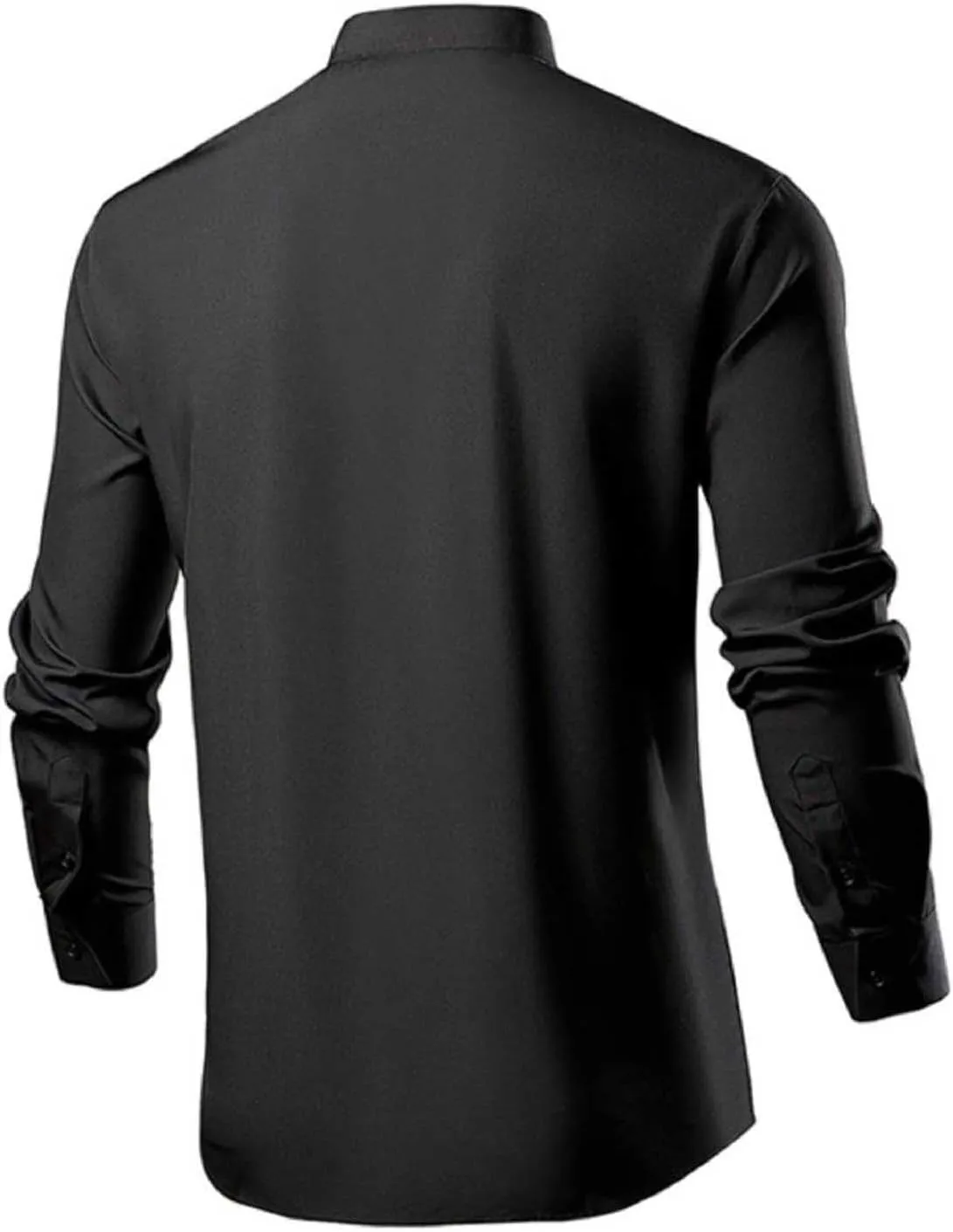 Mens Banded Collar Dress Shirts Long Sleeve Button Down Mandarin Collar Shirt Solid Stretch Shirt with Pocket