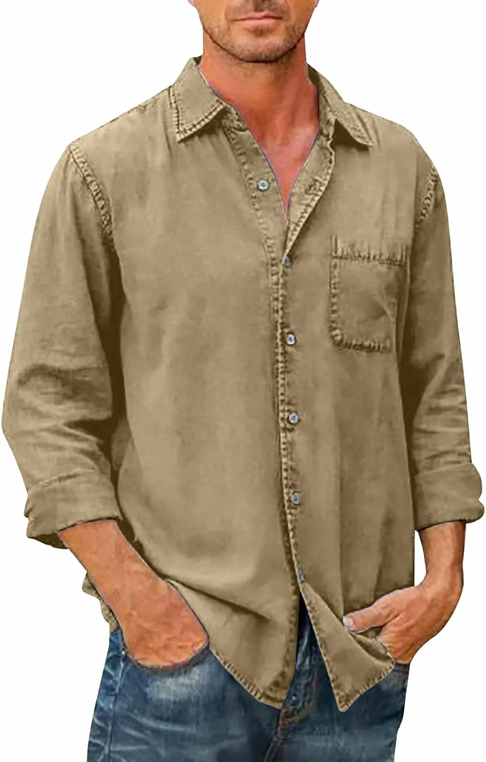 Men's Button Down Long Sleeve Shirts Solid Casual Collar Shirts Dress with Pocket Polo Shirts, M-5XL