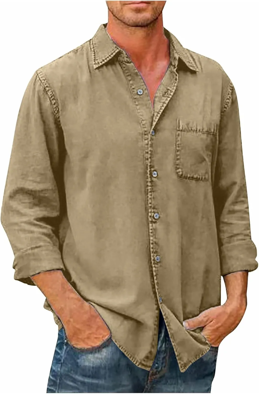 Men's Button Down Long Sleeve Shirts Solid Casual Collar Shirts Dress with Pocket Polo Shirts, M-5XL