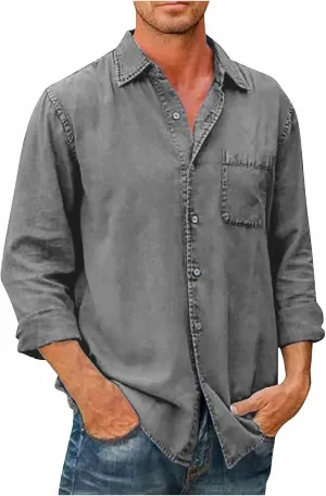 Men's Button Down Long Sleeve Shirts Solid Casual Collar Shirts Dress with Pocket Polo Shirts, M-5XL