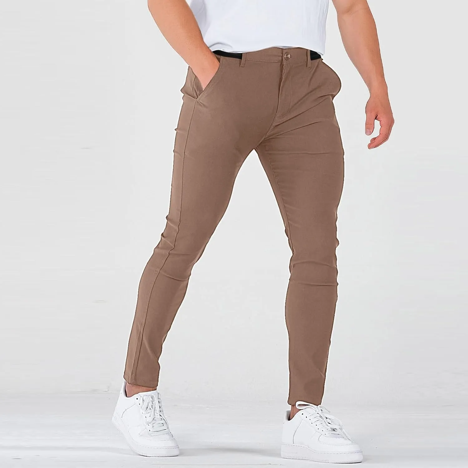 Mens Casual Dress Pants Regular Fit Stretch Chino Pants Skinny Elastic Waist Golf Pants with Pockets Pencil Trousers