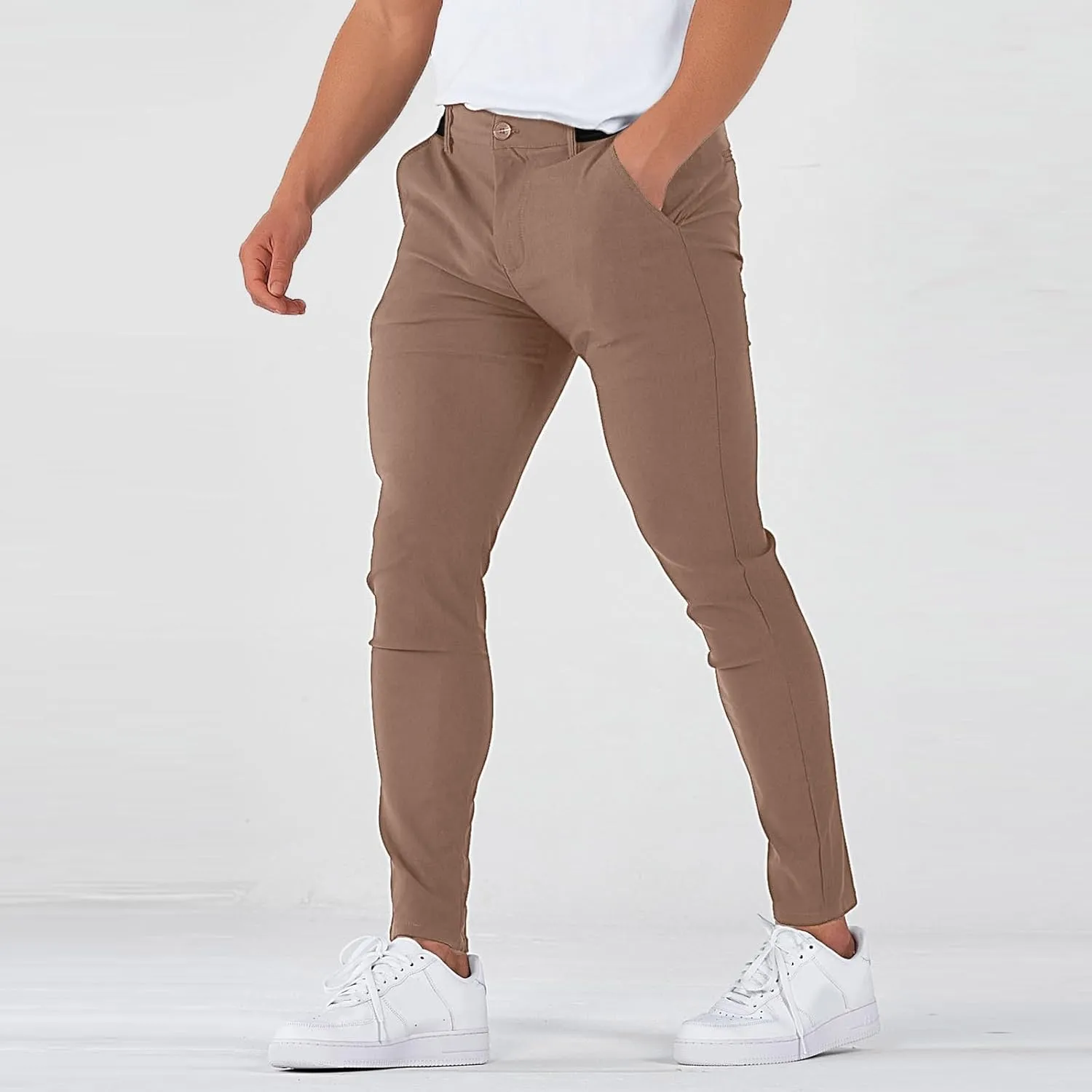 Mens Casual Dress Pants Regular Fit Stretch Chino Pants Skinny Elastic Waist Golf Pants with Pockets Pencil Trousers