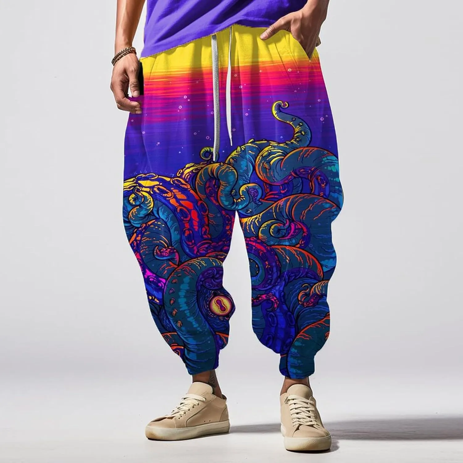 Mens Casual Hip Hop Cinch Bottom Harem Pants Funny Pattern Hippie Aladdin Dance Pants Oversized Yoga Peasant Trousers