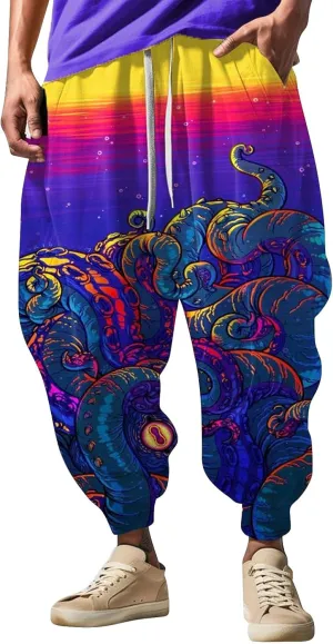 Mens Casual Hip Hop Cinch Bottom Harem Pants Funny Pattern Hippie Aladdin Dance Pants Oversized Yoga Peasant Trousers