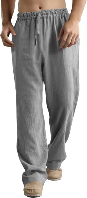 Men's Casual Linen Pants Elastic Waist Drawstring Beach Summer Pant Lightweight Straight Legs Loose Fit Trousers