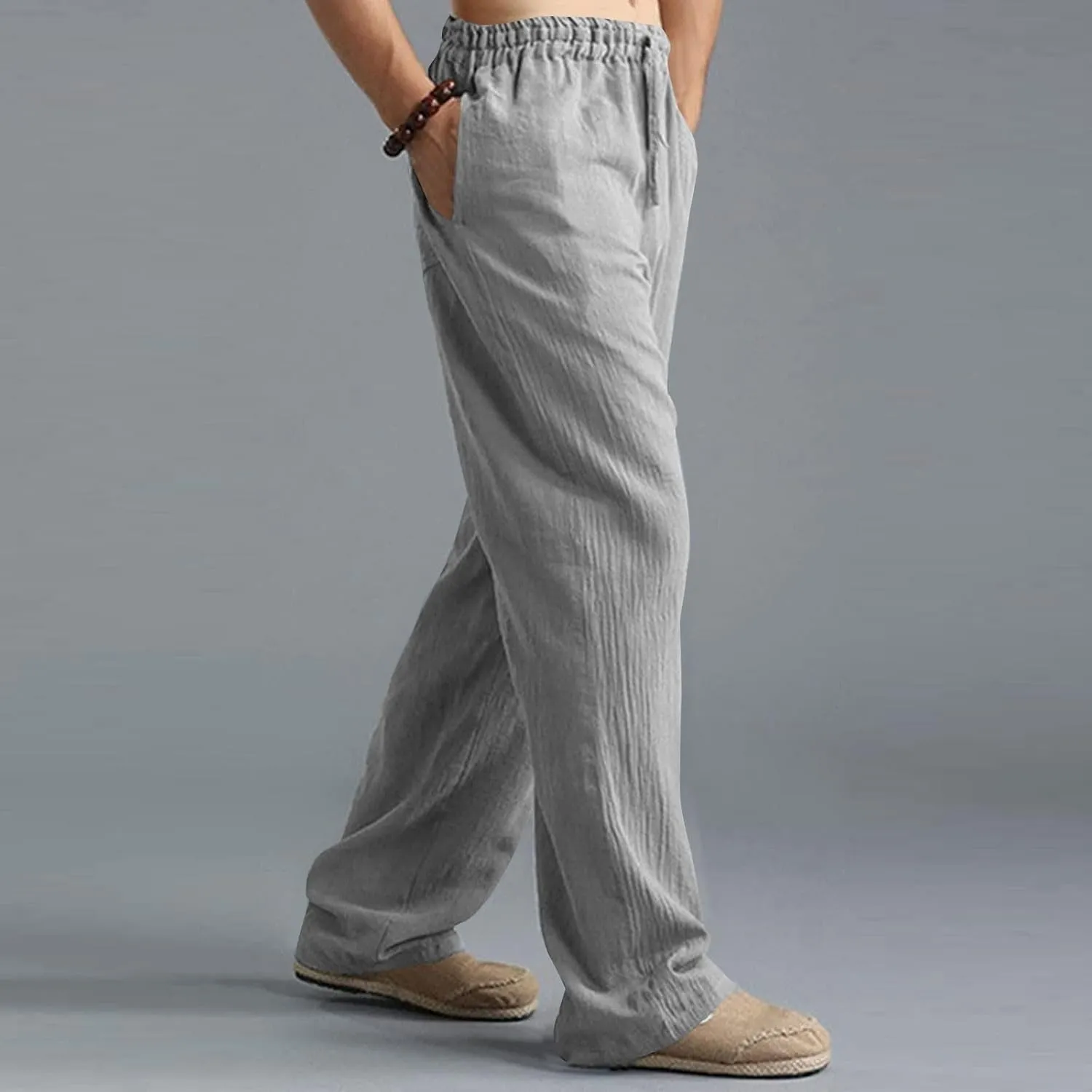 Men's Casual Linen Pants Elastic Waist Drawstring Beach Summer Pant Lightweight Straight Legs Loose Fit Trousers