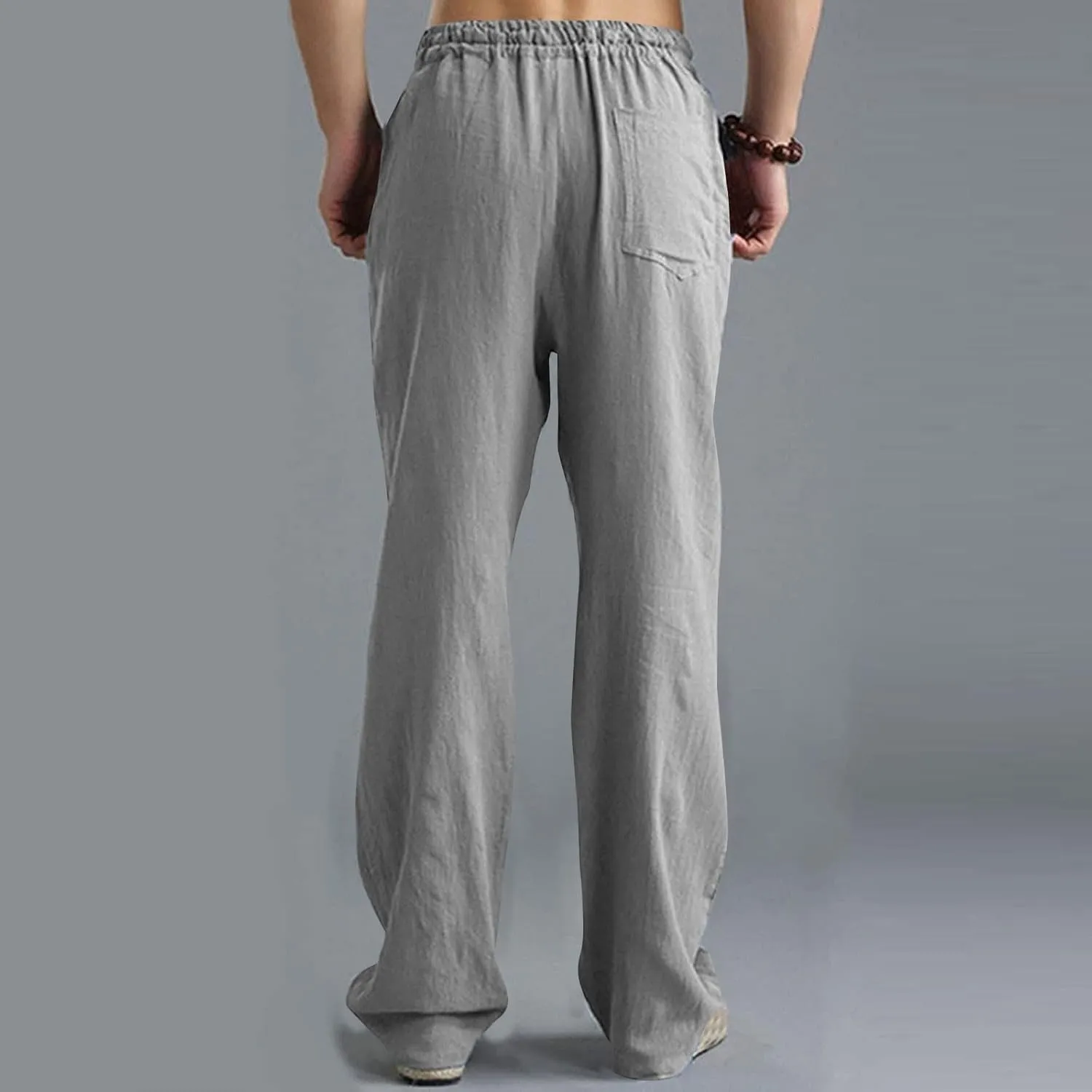 Men's Casual Linen Pants Elastic Waist Drawstring Beach Summer Pant Lightweight Straight Legs Loose Fit Trousers