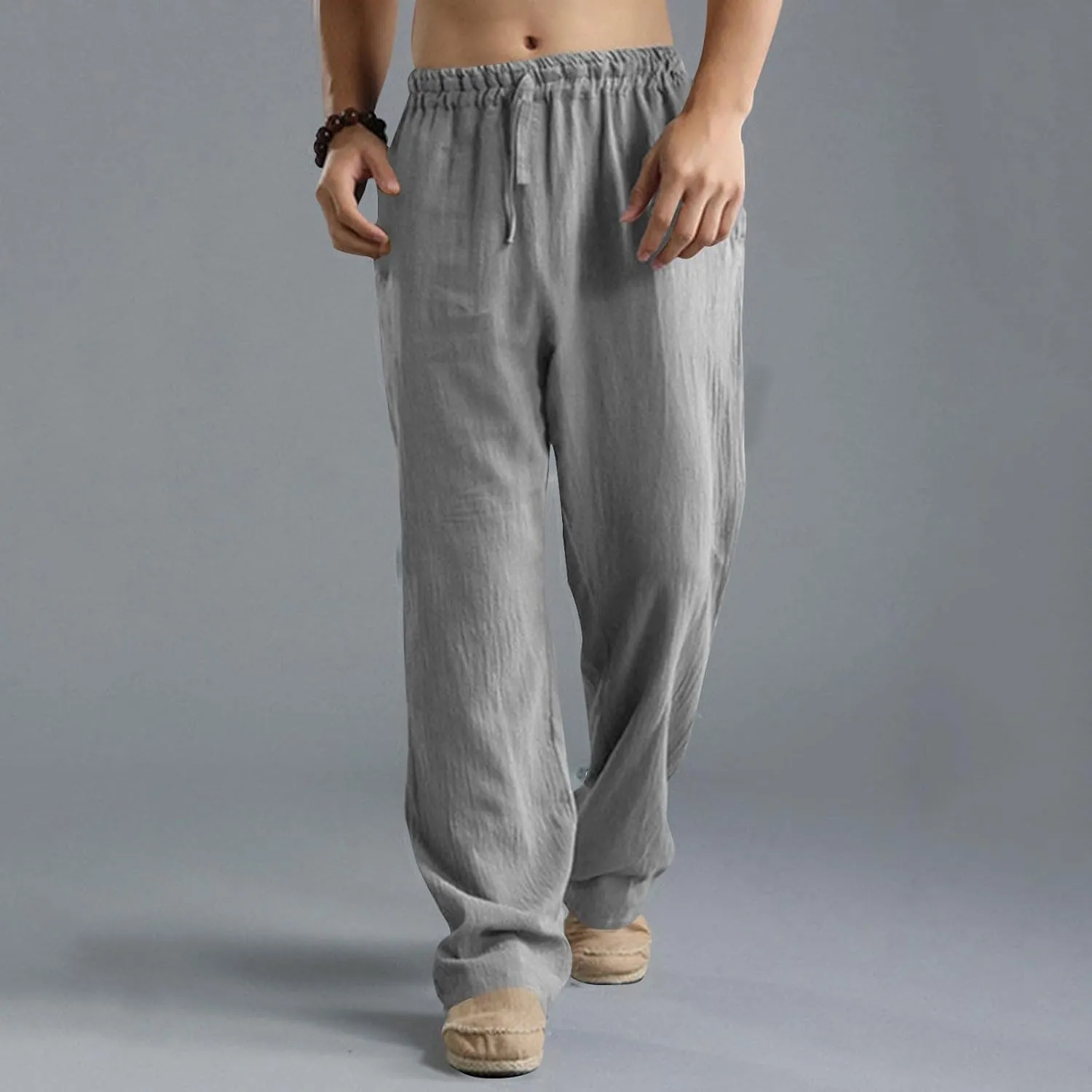 Men's Casual Linen Pants Elastic Waist Drawstring Beach Summer Pant Lightweight Straight Legs Loose Fit Trousers