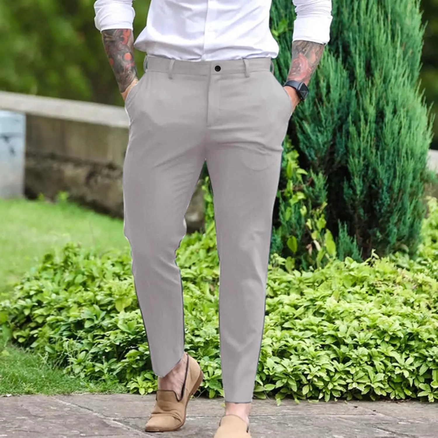 Men's Casual Pants Elastic Waisted Drawstring Classic-Fit Trousers Summer Soft Leisure Pants with Pockets