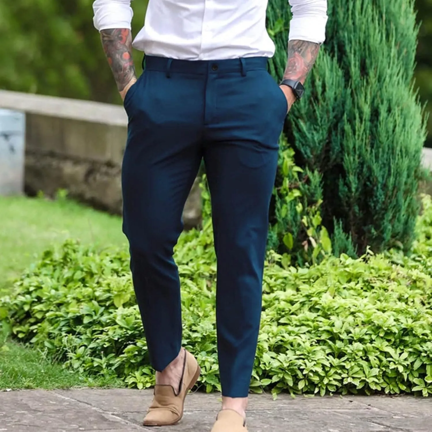 Men's Casual Pants Elastic Waisted Drawstring Classic-Fit Trousers Summer Soft Leisure Pants with Pockets