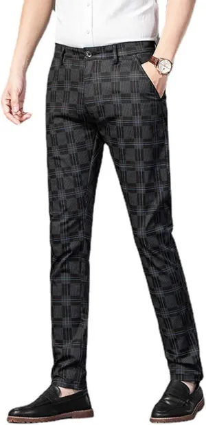 Mens Casual Plaid Pants Fashion Retro Tapered Stretch Slim Fit Business Dress Chino Pants