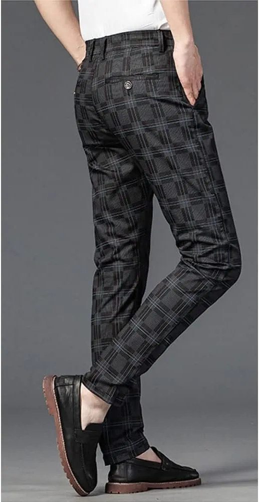 Mens Casual Plaid Pants Fashion Retro Tapered Stretch Slim Fit Business Dress Chino Pants
