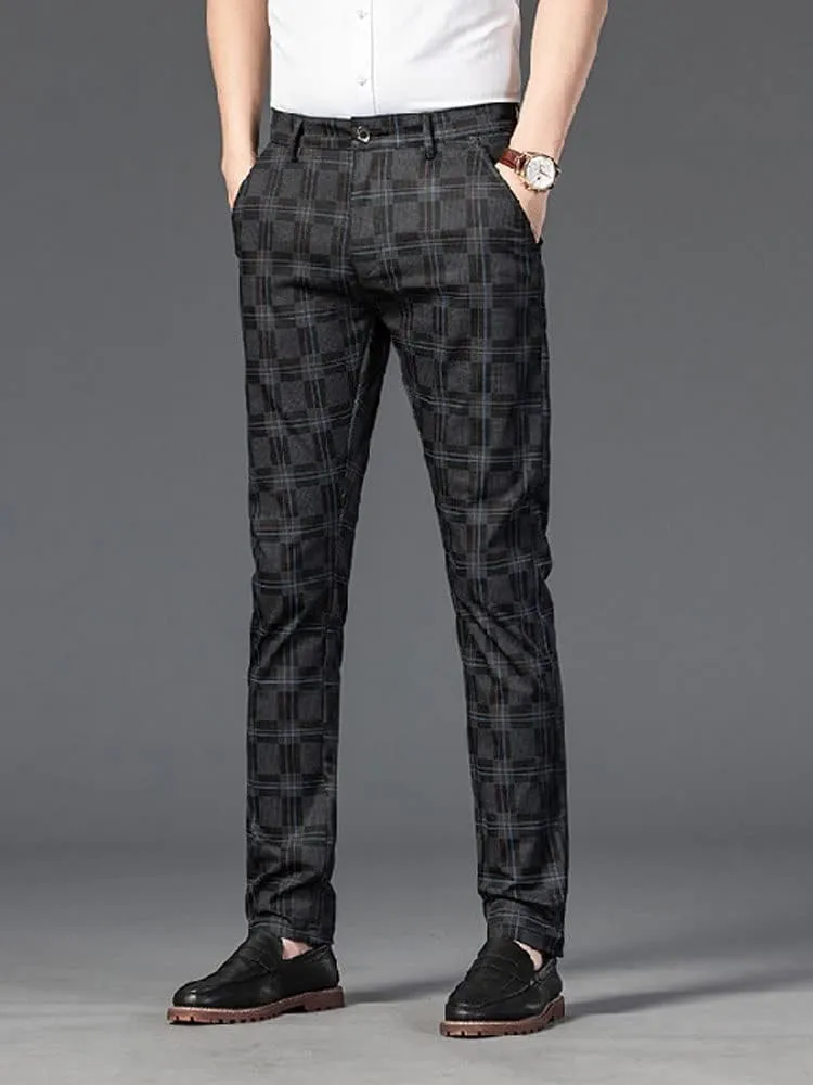 Mens Casual Plaid Pants Fashion Retro Tapered Stretch Slim Fit Business Dress Chino Pants