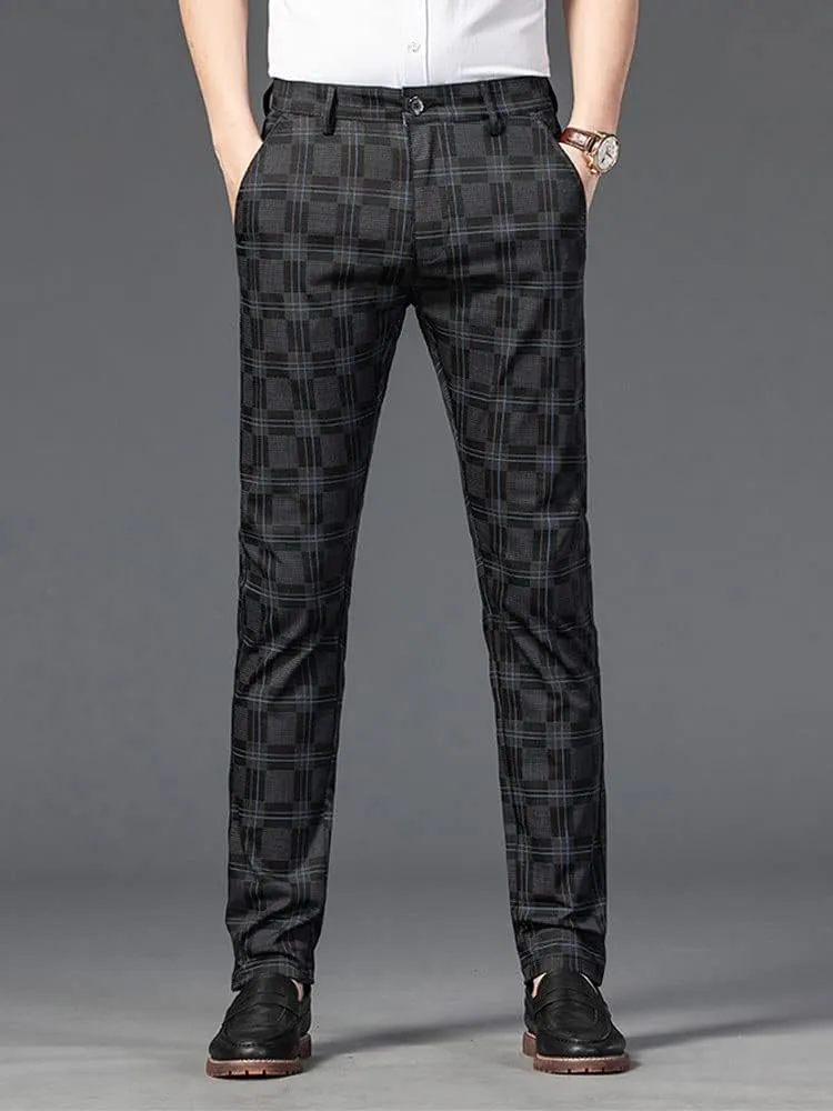 Mens Casual Plaid Pants Fashion Retro Tapered Stretch Slim Fit Business Dress Chino Pants