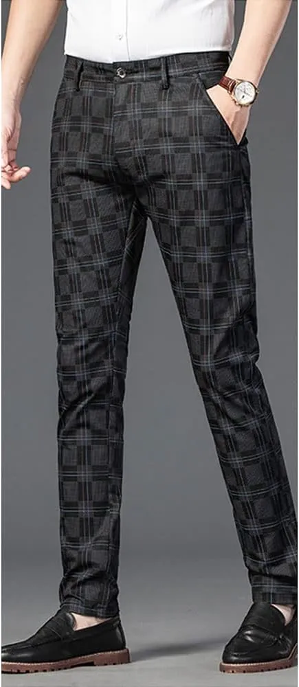 Mens Casual Plaid Pants Fashion Retro Tapered Stretch Slim Fit Business Dress Chino Pants