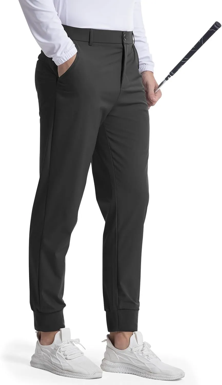 Men's Casual Tapered Pants Solid Flat Front Trousers Stretchy Golf Track Pants Slim Fit Jogging Trousers with Pockets