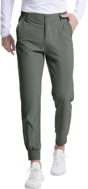 Men's Casual Tapered Pants Solid Flat Front Trousers Stretchy Golf Track Pants Slim Fit Jogging Trousers with Pockets