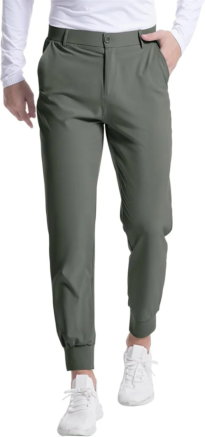 Men's Casual Tapered Pants Solid Flat Front Trousers Stretchy Golf Track Pants Slim Fit Jogging Trousers with Pockets