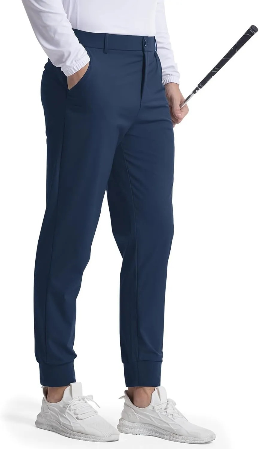 Men's Casual Tapered Pants Solid Flat Front Trousers Stretchy Golf Track Pants Slim Fit Jogging Trousers with Pockets