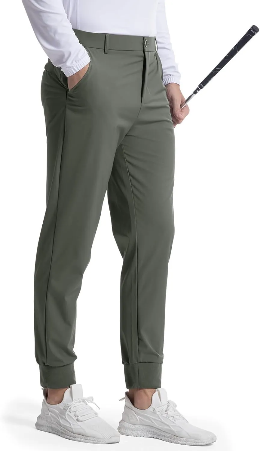 Men's Casual Tapered Pants Solid Flat Front Trousers Stretchy Golf Track Pants Slim Fit Jogging Trousers with Pockets