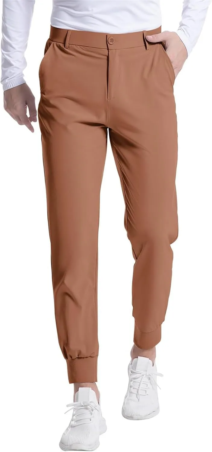 Men's Casual Tapered Pants Solid Flat Front Trousers Stretchy Golf Track Pants Slim Fit Jogging Trousers with Pockets