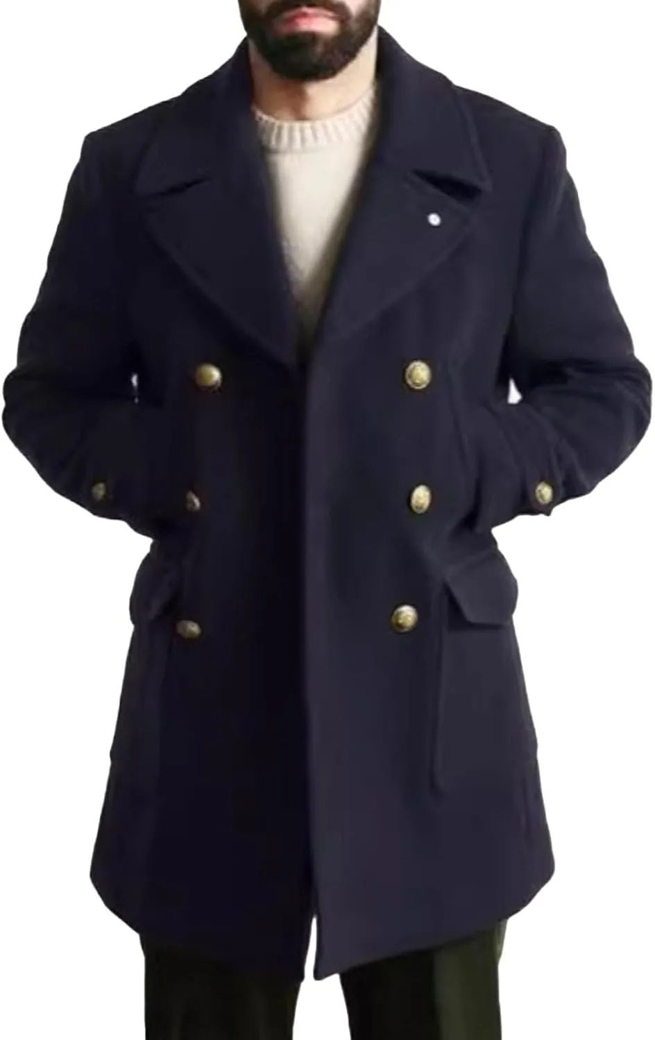 Mens Classic Pea Coat Notched Collar Double Breasted Slim Fit Winter Warm Heavyweight Trench Coats Overcoats Outwear