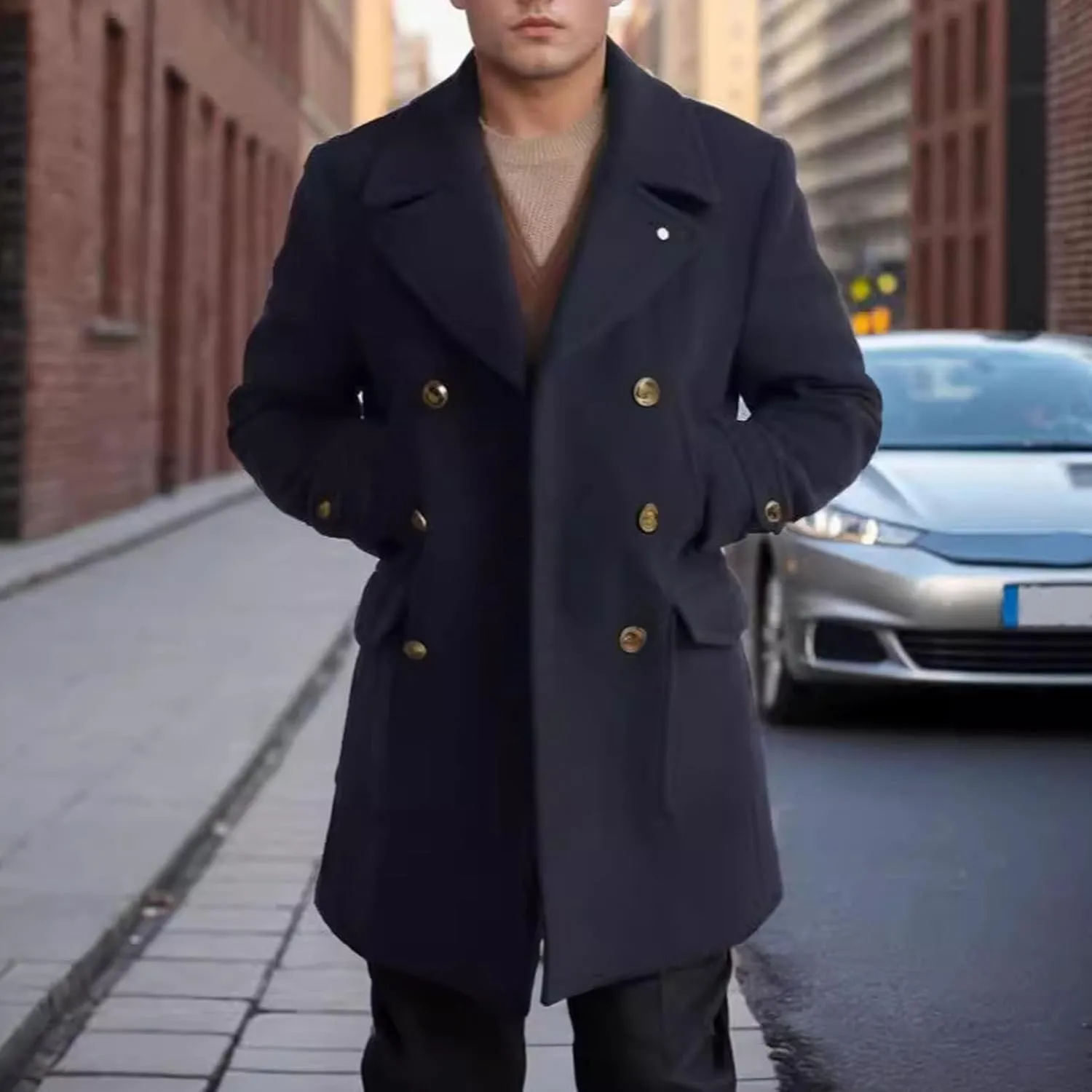 Mens Classic Pea Coat Notched Collar Double Breasted Slim Fit Winter Warm Heavyweight Trench Coats Overcoats Outwear